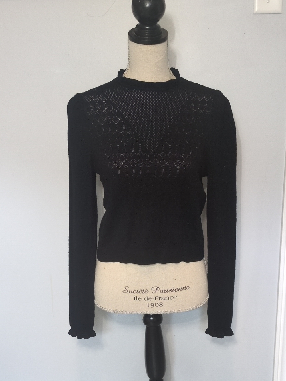 Marled Black Lace Yoke Long Sleeve Knit Top NWT S